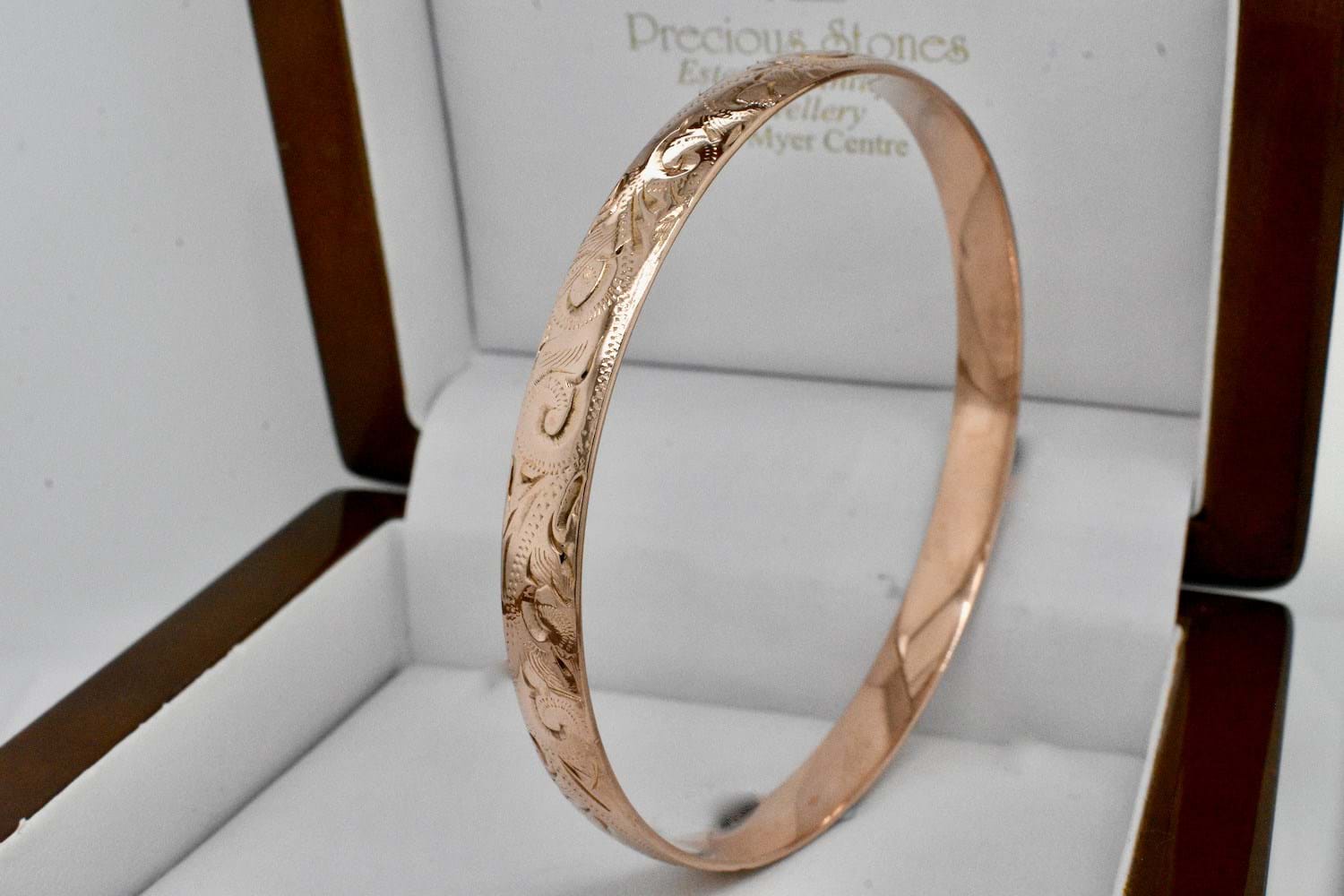 SOLD Engraved 9ct Rose Gold 6.8x63mm Solid Bangle
