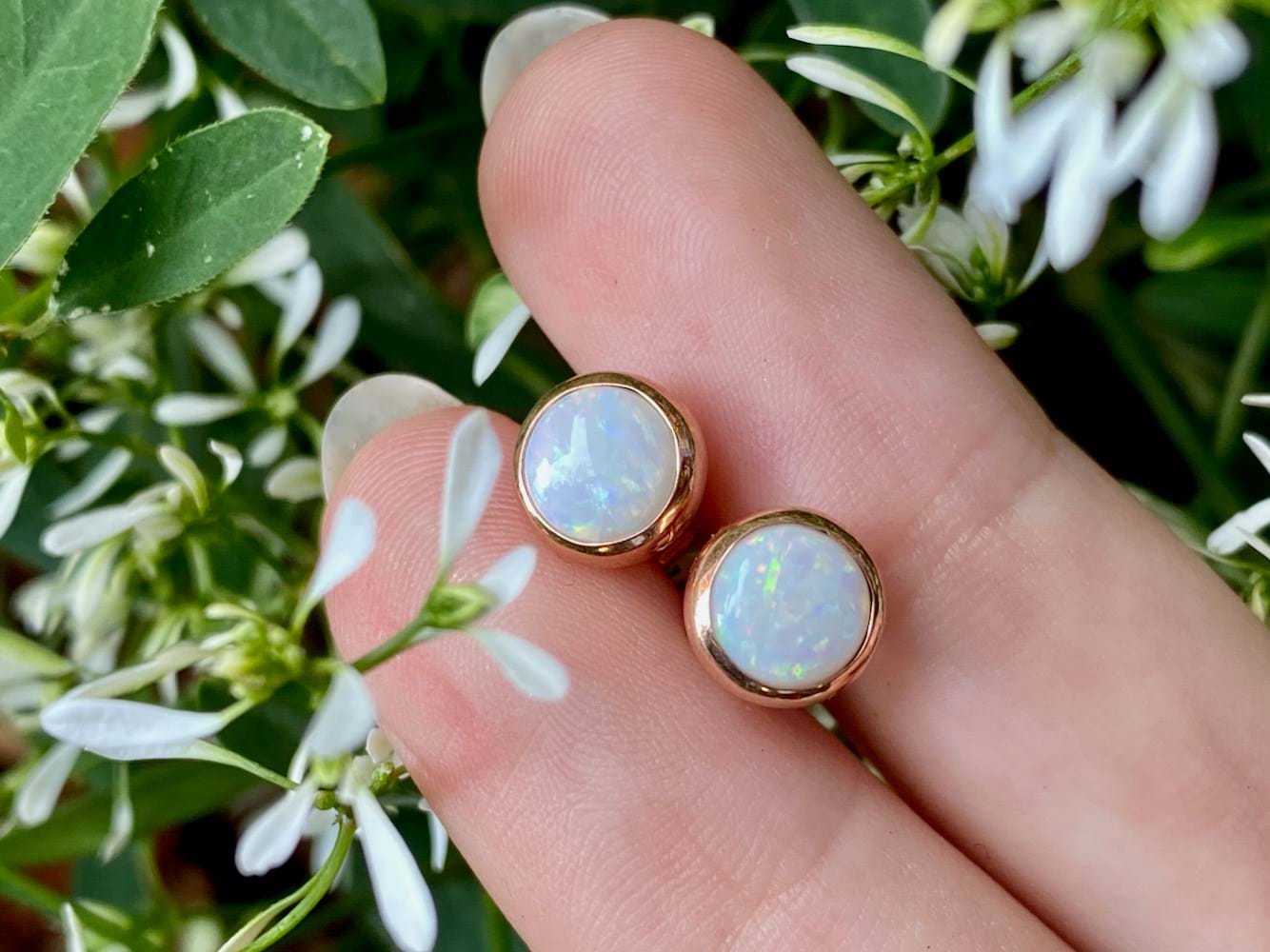 SOLD Handmade 9ct Rose Gold Bezel Set Opal Studs