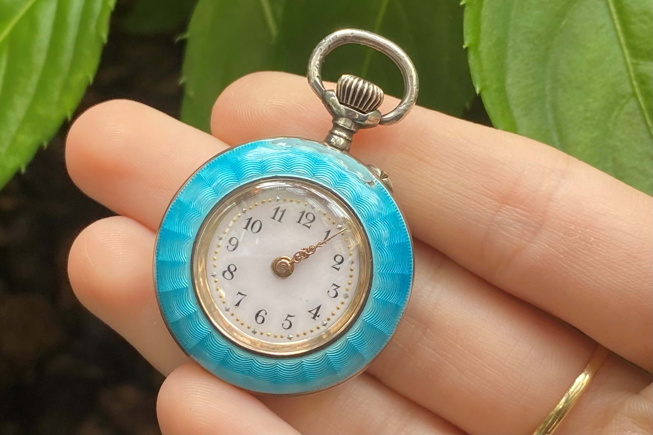 Antique Sterling Silver Baby Blue Enamel Pocket Watch